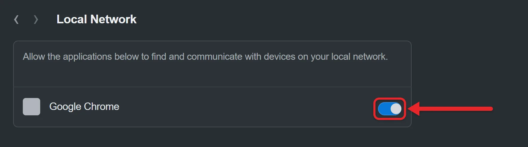 How to Cast a Chrome Tab to a Chromecast From a Mac 3 Recreated macOS Sequoia Local Network settings detail with the Google Chrome permission switched on