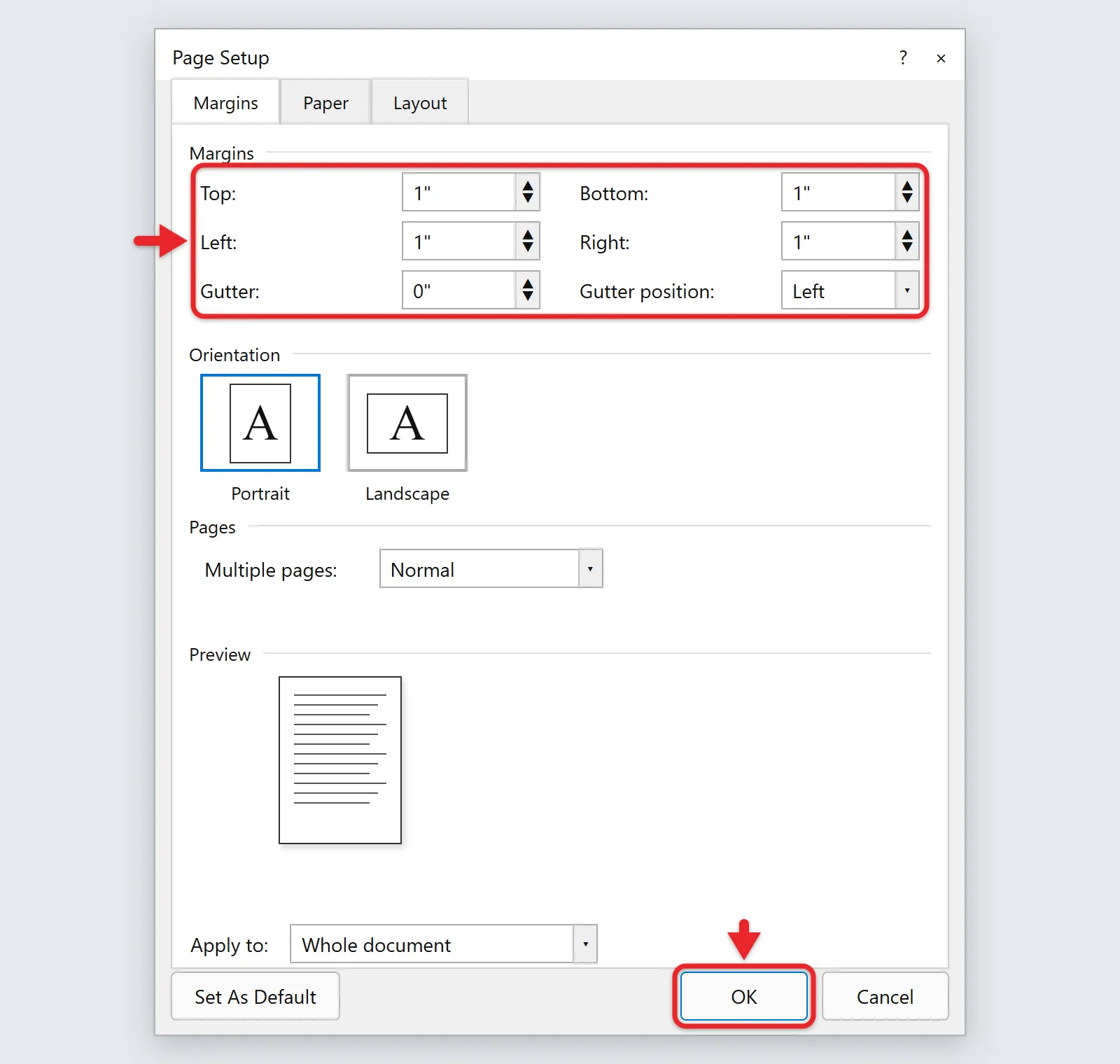 How to Set 1-Inch Margins in Word 2 Word Page Setup window with all four margins set to 1 inch and Apply to set to Whole document