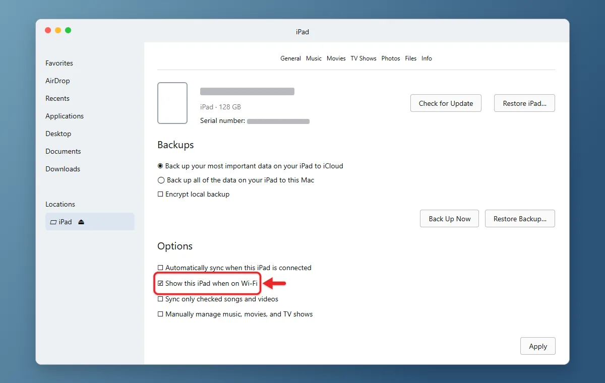 How to Set Up Wi-Fi Sync for Your iPad 1 Finder General tab for an iPad with Show this iPad when on Wi-Fi checked