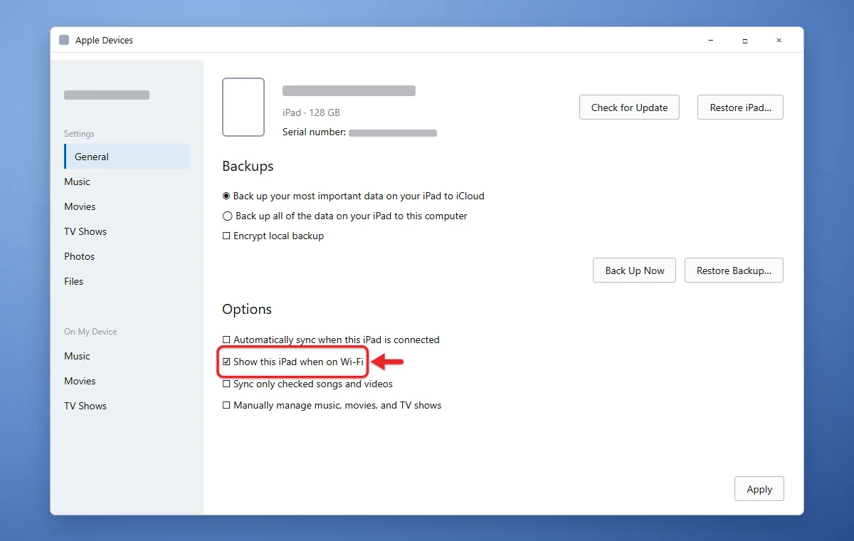 How to Set Up Wi-Fi Sync for Your iPad 2 Apple Devices app on Windows with the Wi-Fi sync option turned on