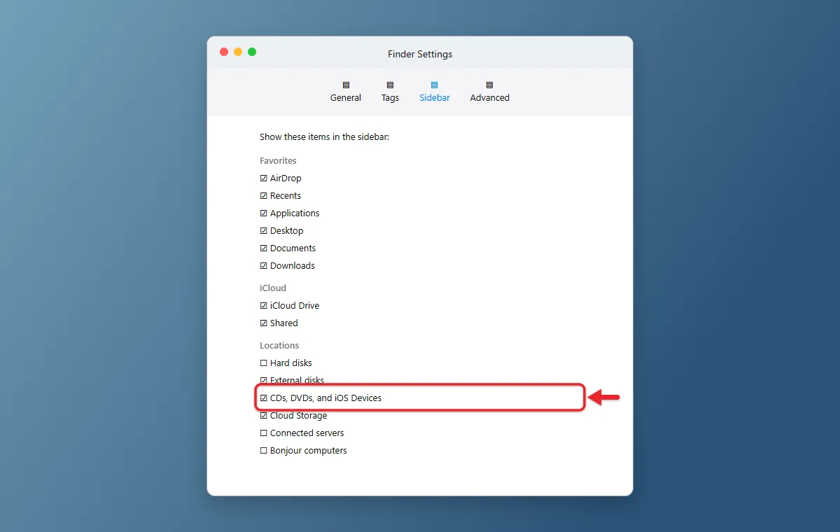 How to Set Up Wi-Fi Sync for Your iPad 3 Finder Settings sidebar options with CDs, DVDs, and iOS Devices selected