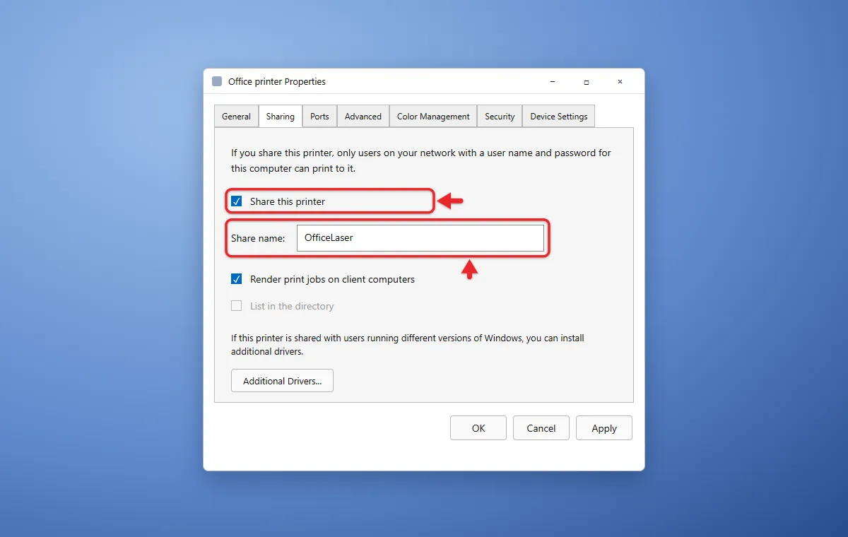 How to Share a Printer in Windows 11 or Windows 10 1 Printer properties Sharing tab with Share this printer checked and a share name entered
