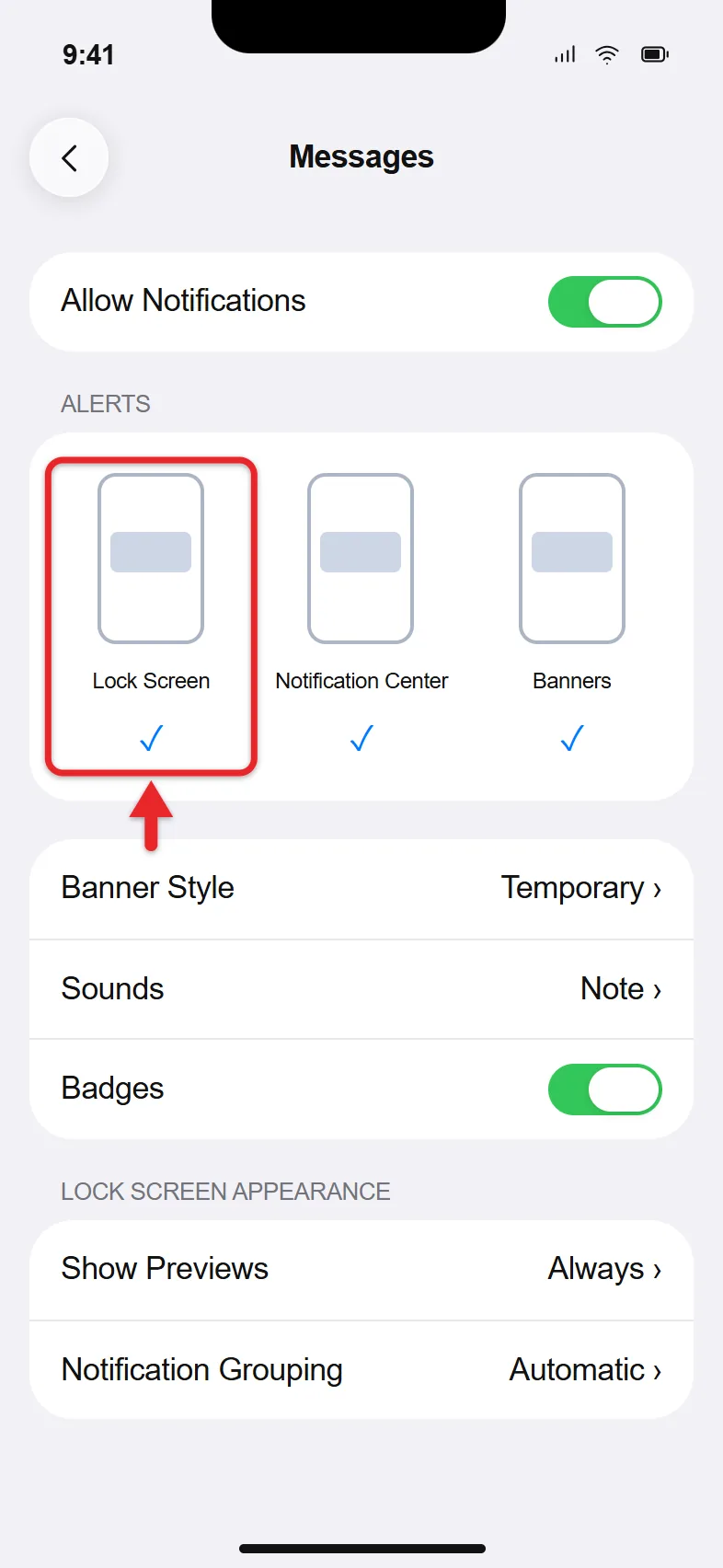 How to Show Messages on the Lock Screen on an iPhone 11 (or Newer iPhone) 2 Messages notification settings on iPhone with Lock Screen alerts checked