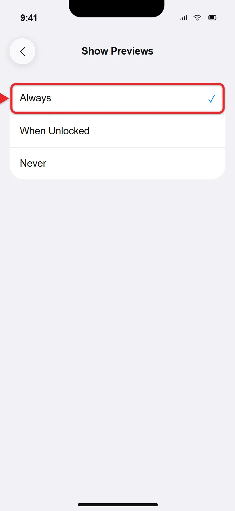 How to Show Messages on the Lock Screen on an iPhone 11 (or Newer iPhone) 3 Show Previews options for Messages with Always selected