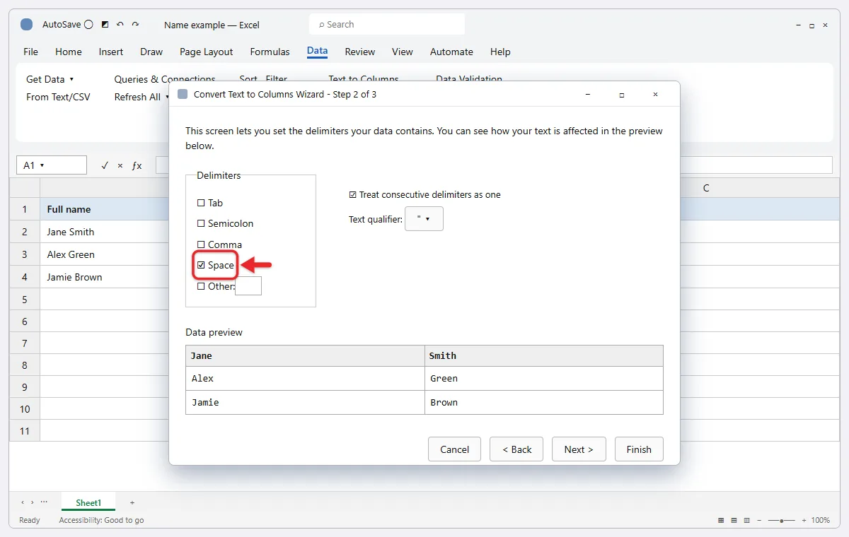 How to Split a Cell in Excel 2 Excel Convert Text to Columns Wizard with Space delimiter selected
