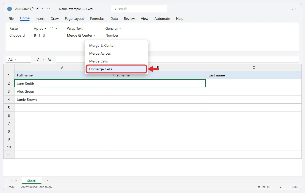 How to Split a Cell in Excel 1 Excel Merge & Center menu with Unmerge Cells option