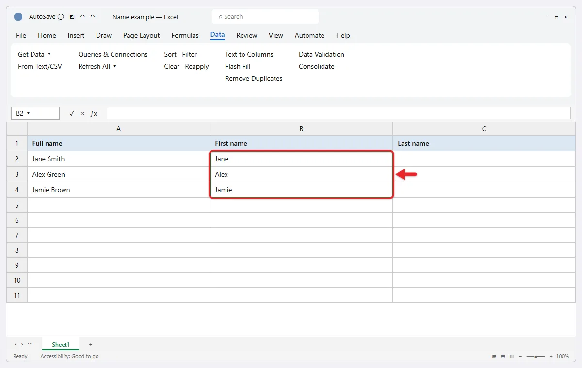 How to Split a Cell in Excel 3 Excel Flash Fill splitting first names into column B