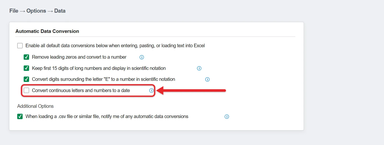 Why Does Excel Keep Changing My Numbers to Dates? 3 Excel Options Data page showing Automatic Data Conversion check boxes