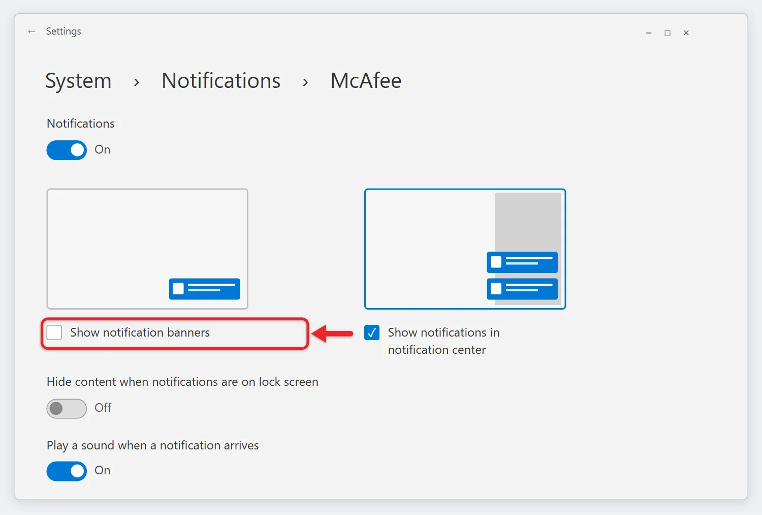 How to Stop McAfee Pop-Ups on Windows 11 2 Windows 11 notification settings for McAfee with the banner switch