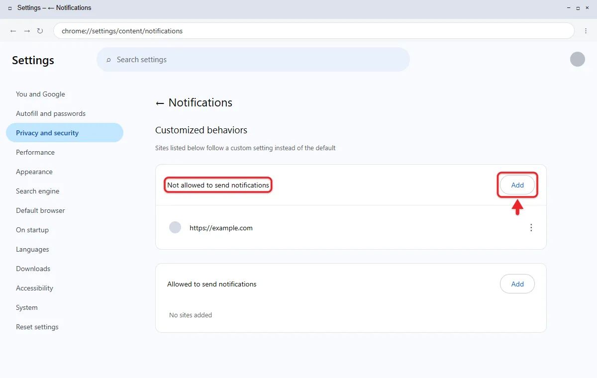 How to Stop McAfee Pop-Ups on Windows 11 1 Chrome Notifications settings page with a website listed under Not allowed to send notifications