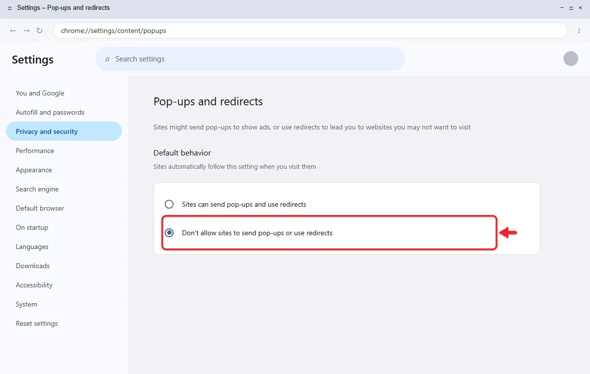 How to Stop Pop-Ups on Windows 11 4 Chrome Pop-ups and redirects page with the option to not allow sites to send pop-ups selected