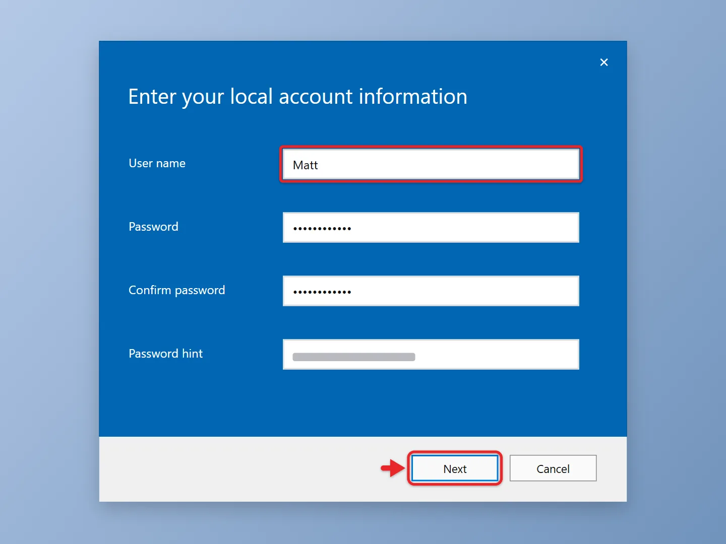 How to Switch to a Local Account in Windows 11 2 Enter your local account information screen with user name, password and password hint fields