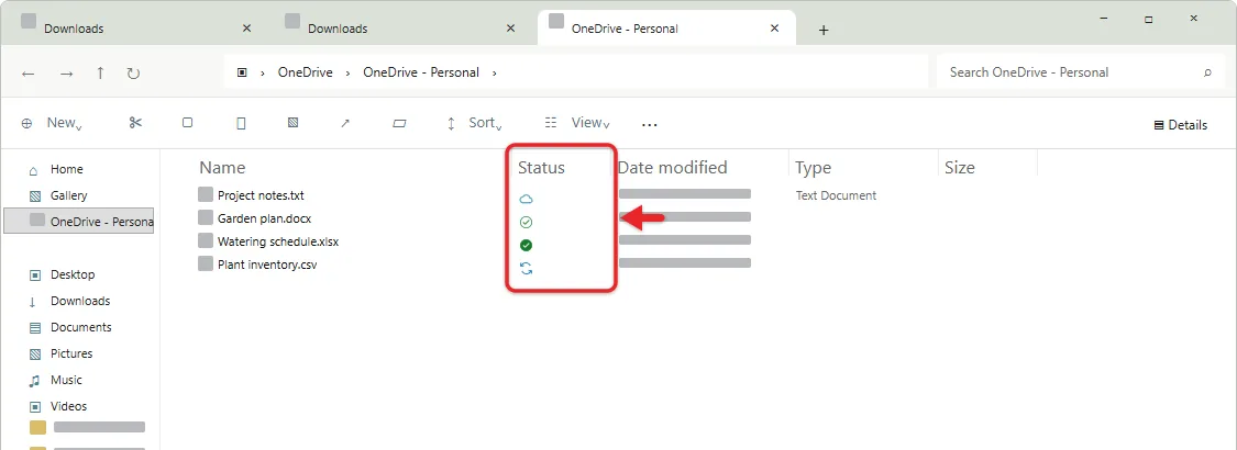 How to Sync OneDrive on Windows 11 2 File Explorer OneDrive folder with cloud, check mark, and syncing status icons