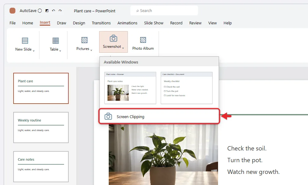 How to Take a Screenshot in PowerPoint 1 PowerPoint Screenshot menu open on the Insert tab with Available Windows and Screen Clipping