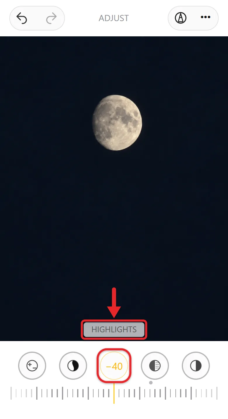 How to Take Pictures of the Moon with iPhone 3 Recreated current Photos Adjust view with Highlights selected at minus 40 over an AI-generated moon photo