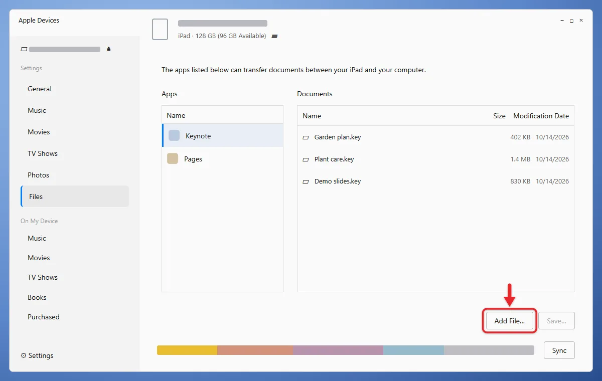 Apple Devices app showing the Files section and Add File button for an iPad app