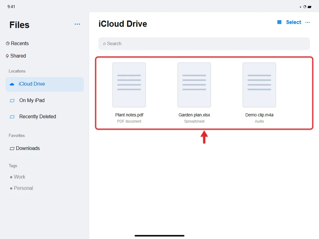 Files app on iPad showing documents in iCloud Drive