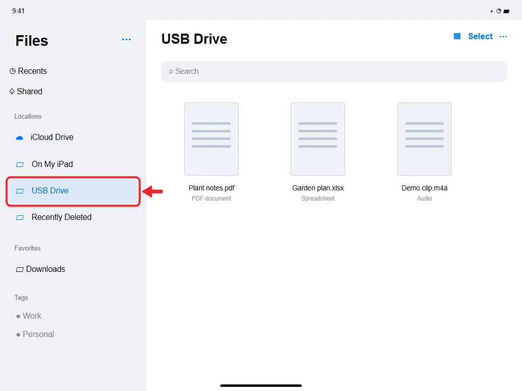 Files app sidebar listing a USB drive under Locations