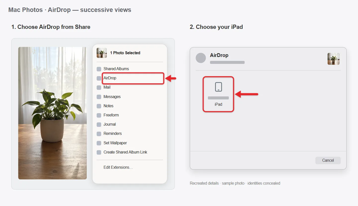 How to Transfer Photos From a Computer to an iPad 3 Recreated successive Mac Photos Share and AirDrop details with AirDrop and an iPad recipient highlighted, with names concealed