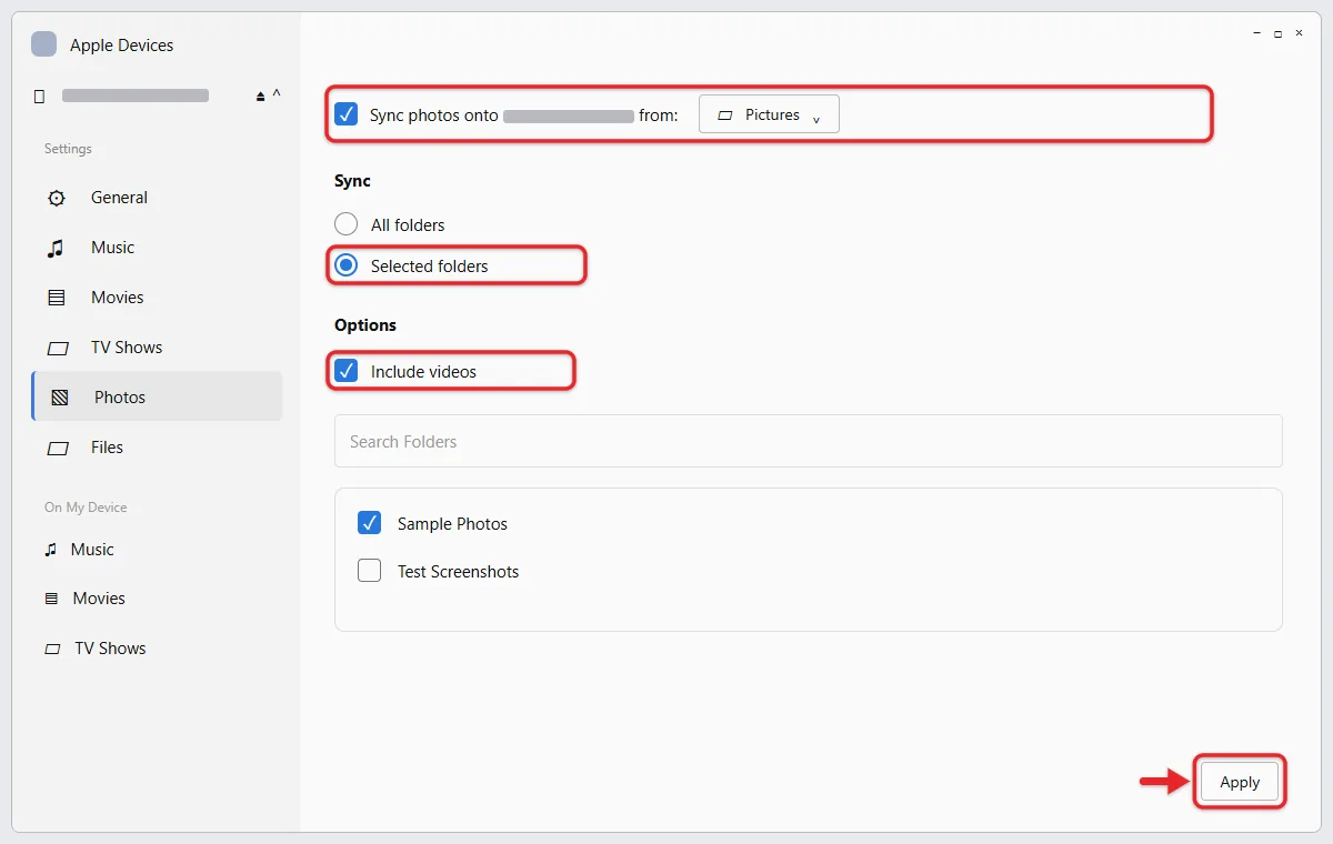 How to Transfer Photos From a Computer to an iPad 1 Apple Devices Photos pane with photo sync on and folder choices for an iPad