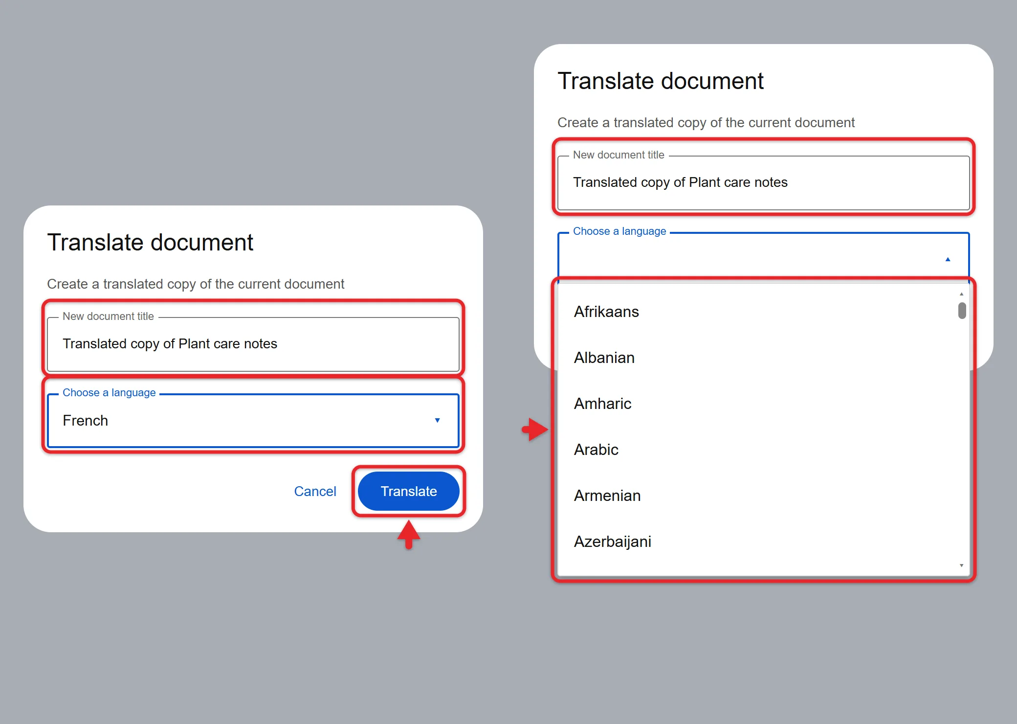 How to Translate a Document in Google Docs 1 Google Docs Translate document window with a name for the copy and a target language chosen