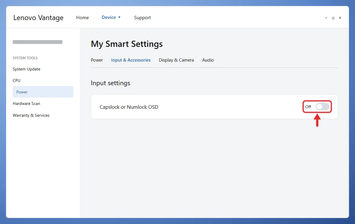 How to Turn Off the Caps Lock Notification in Windows 11 1 Lenovo Vantage Input & Accessories tab with the Caps Lock OSD toggle