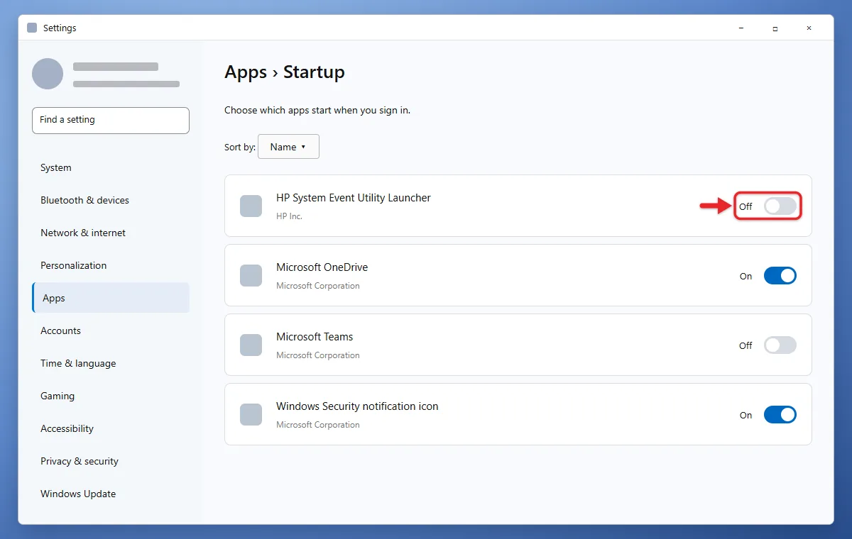 How to Turn Off the Caps Lock Notification in Windows 11 2 Windows 11 Startup apps list with HP System Event Utility turned off