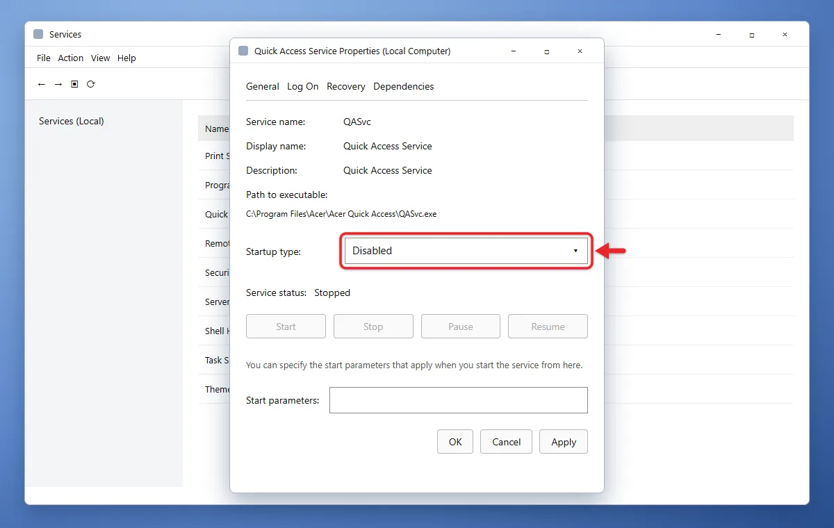 How to Turn Off the Caps Lock Notification in Windows 11 3 Service properties window with Startup type set to Disabled