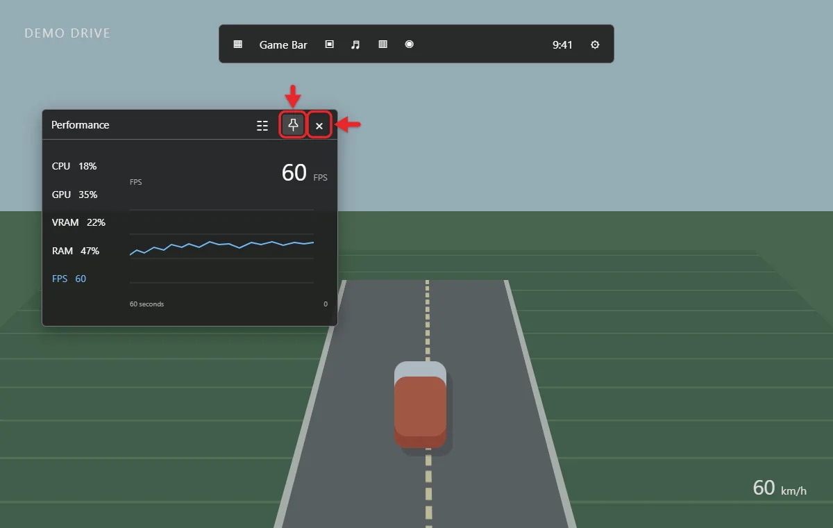 How to Turn Off the FPS Counter in Windows 11 1 Game Bar Performance widget showing FPS, with the pushpin and close controls in its title bar