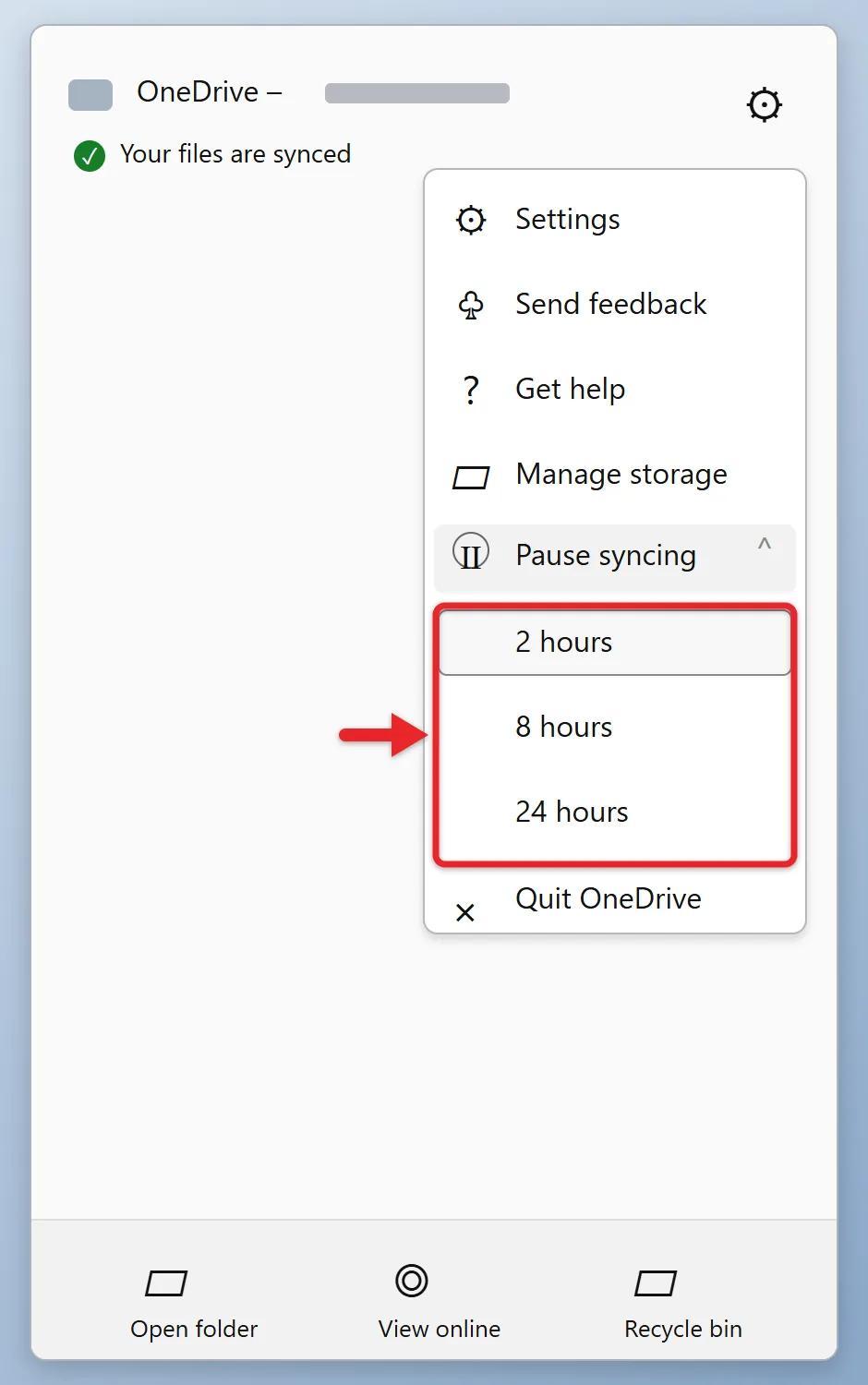 How to Turn Off OneDrive on Windows 11 2 OneDrive Help and Settings menu with Pause syncing options for 2, 8 and 24 hours
