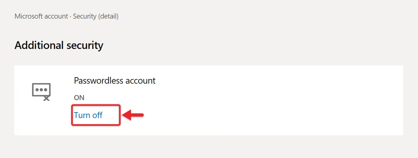 How to Turn Off Your PIN on Windows 11 4 Recreated Microsoft account security detail showing Passwordless account on and Turn off highlighted