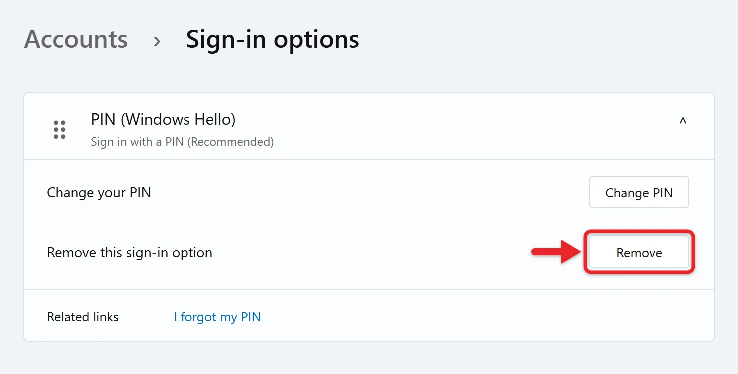 How to Turn Off Your PIN on Windows 11 1 Windows 11 Sign-in options with PIN (Windows Hello) expanded and the Remove button
