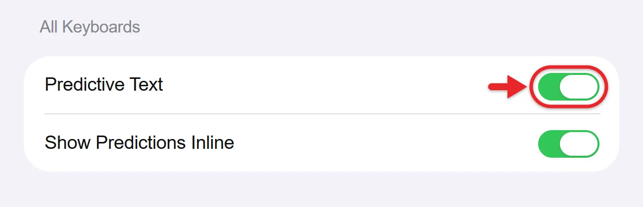 How to Turn Off Predictive Text on iPad (and Other Typing Settings) 2 iPad Keyboard settings showing Predictive Text and Show Predictions Inline before turning Predictive Text off