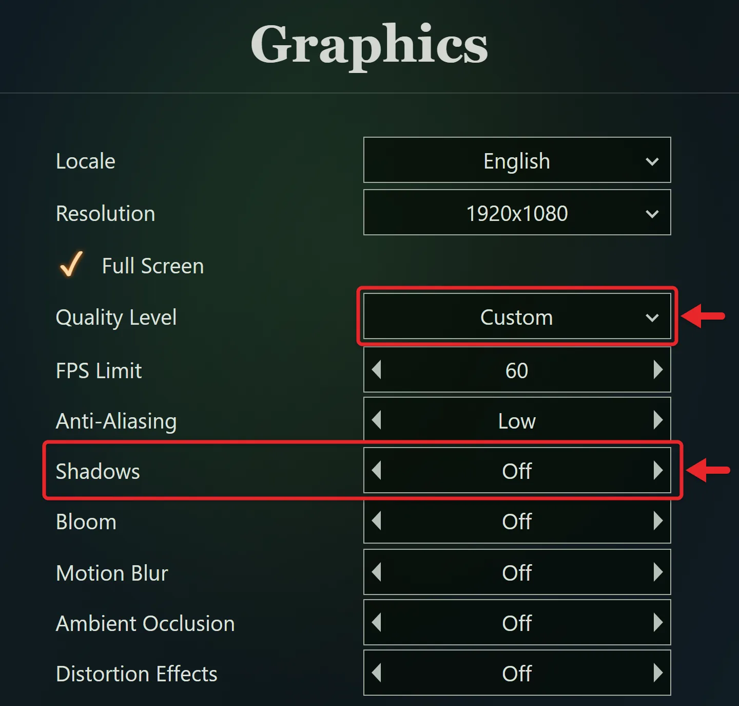 How to Turn Off Shadows in MTG Arena 2 MTG Arena Graphics controls with Quality Level set to Custom and Shadows set to Off, both outlined in red