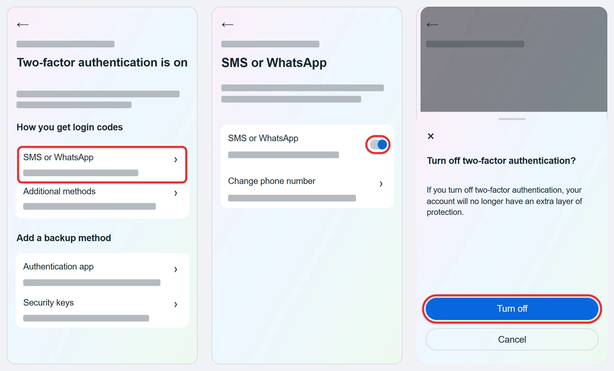 Can You Turn Off Facebook 2FA Without Logging In? 3 Three recreated earlier Android Facebook views showing SMS or WhatsApp in the methods list, its switch, and the separate Turn off confirmation