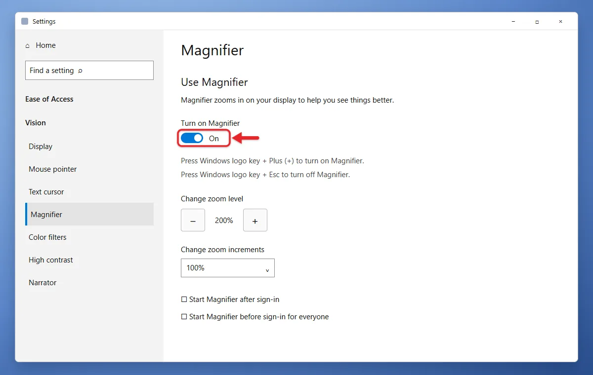 How to Turn On the Magnifier in Windows 10 (and Windows 11) 2 Windows 10 Ease of Access Magnifier settings with Turn on Magnifier switched on