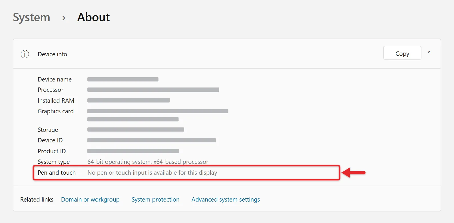 How to Turn On the Touch Screen in Windows 11 1 Windows 11 About page showing the Pen and touch result under Device info