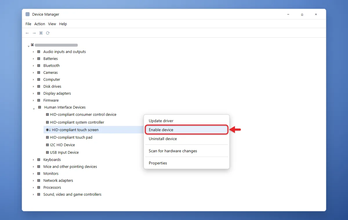 How to Turn On the Touch Screen in Windows 11 2 Device Manager with the HID-compliant touch screen menu showing Enable device
