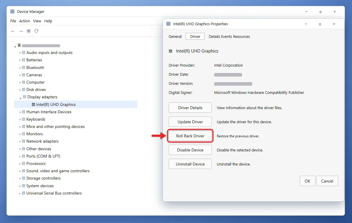 How to Update Your Graphics Driver in Windows 11 1 Device Manager Display adapters list and graphics adapter Driver tab