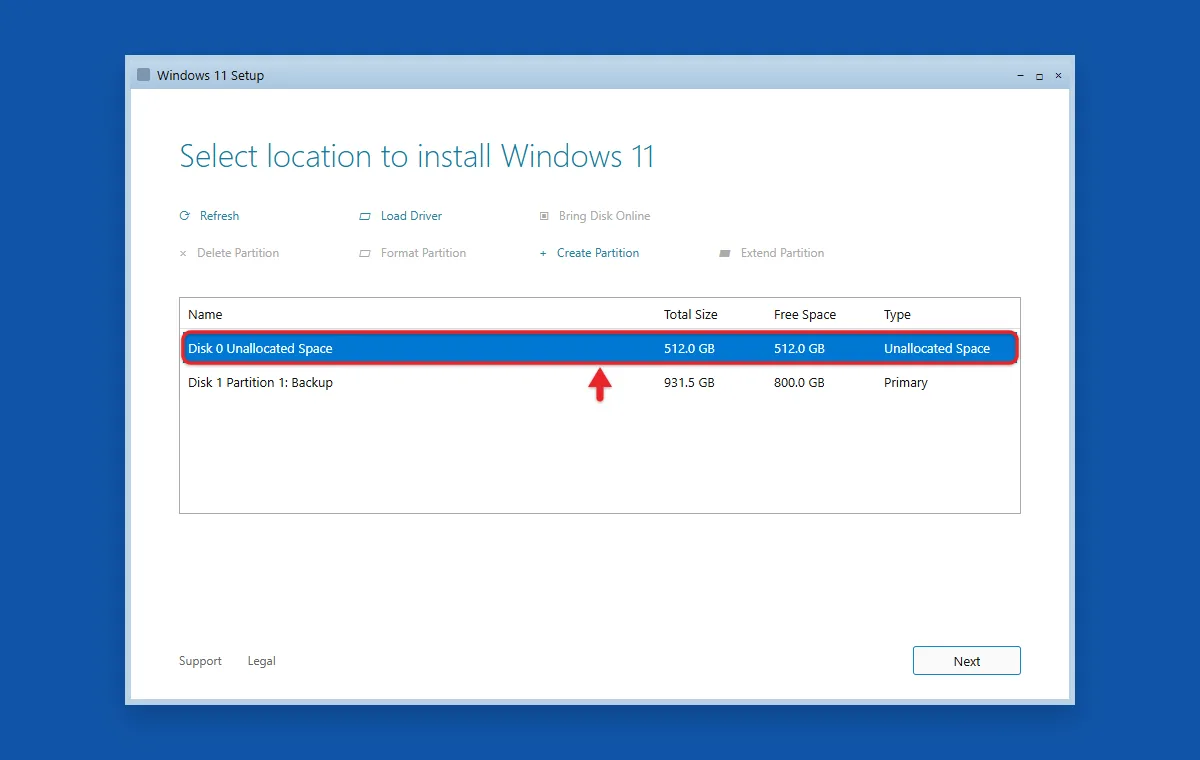 How to Move From Windows 7 to Windows 11 4 Windows Setup disk list with unallocated space selected as the install location