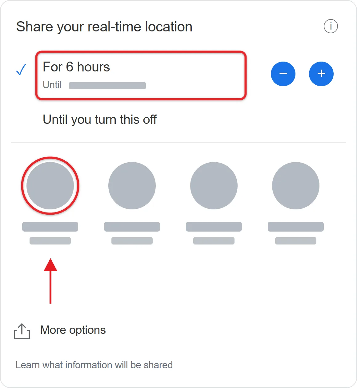 How to See Someone's Location on Google Maps 1 Recreated Google Maps iPhone sharing sheet before contact selection with a six-hour duration and a concealed suggested-contact row highlighted
