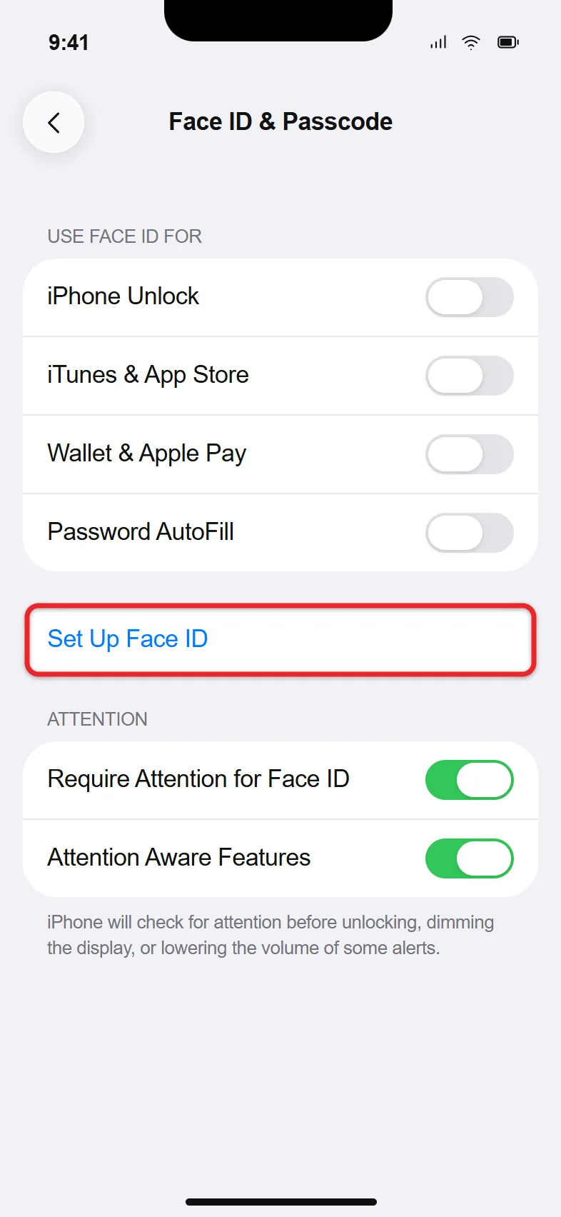 How to Use Face ID to Unlock an iPhone 11 (or Newer iPhone) 1 Face ID & Passcode settings screen on iPhone with the Set Up Face ID option