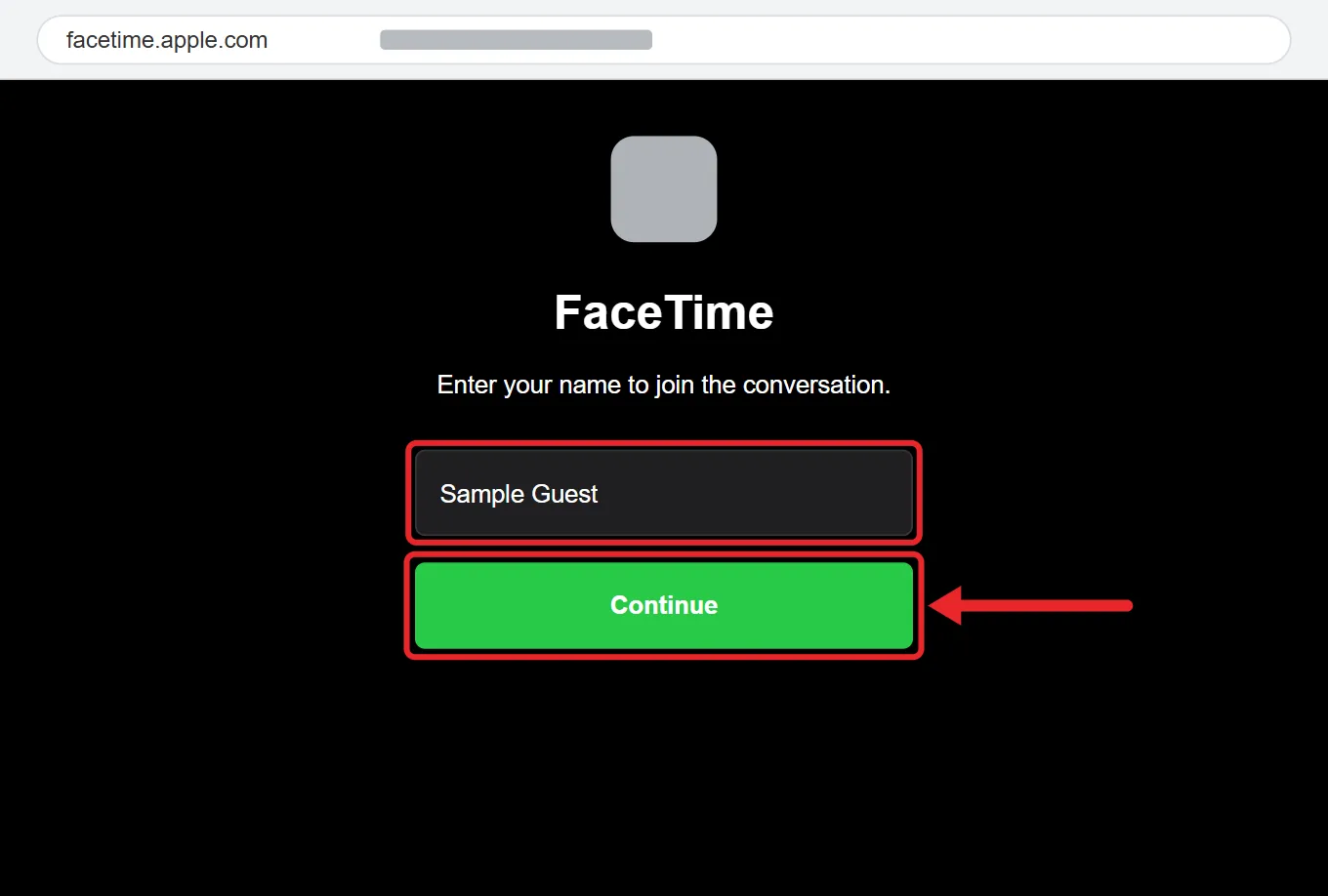 How to Use FaceTime on Windows 1 Recreated FaceTime web entry screen showing the facetime.apple.com address, a fictional Sample Guest name and Continue button highlighted