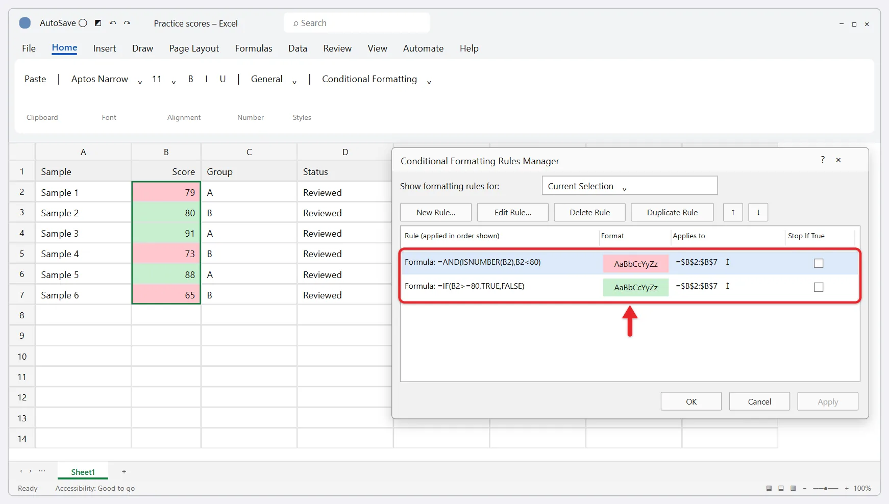 How to Use IF-Then Formulas to Color Cells in Excel 3 Excel Conditional Formatting Rules Manager with a green rule and a red rule applied to scores