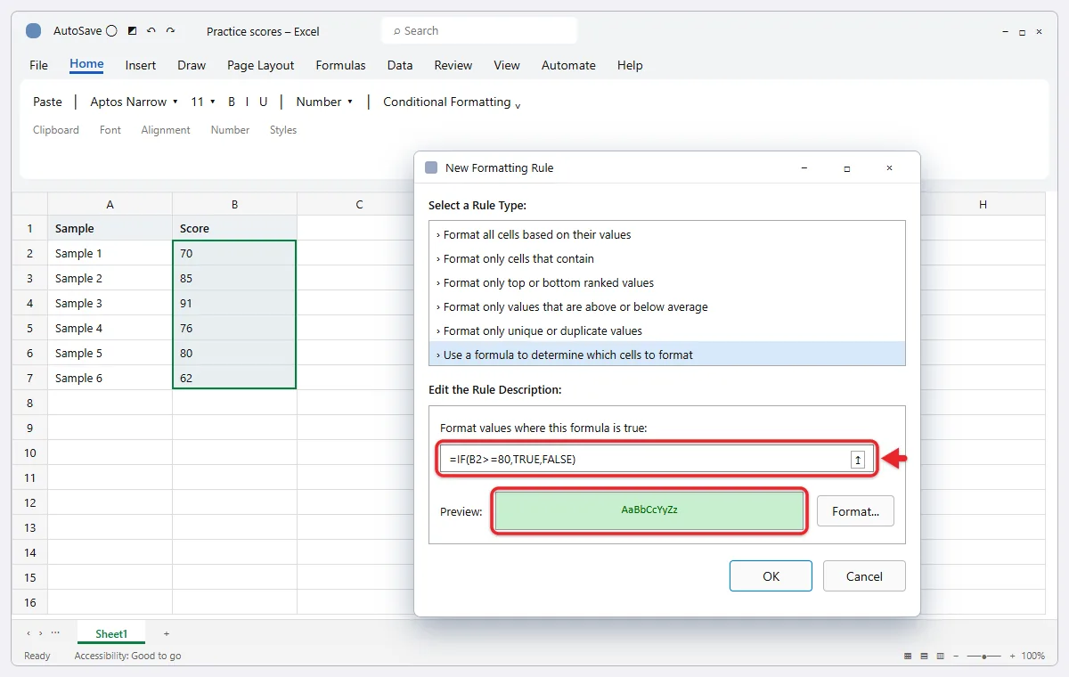 How to Use IF-Then Formulas to Color Cells in Excel 1 Excel New Formatting Rule dialog with an IF formula entered and a green fill preview