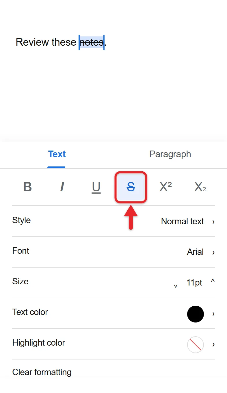 How to Strikethrough in Google Docs 2 Google Docs app Text tab with the strikethrough button selected
