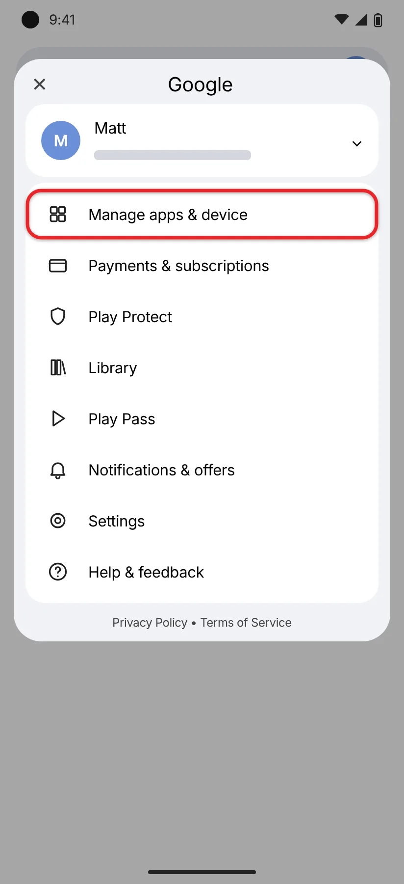 How to View and Install App Updates on a Google Pixel (Including the Pixel 4a) 1 Google Play Store account menu with Manage apps & device option on a Pixel 4a