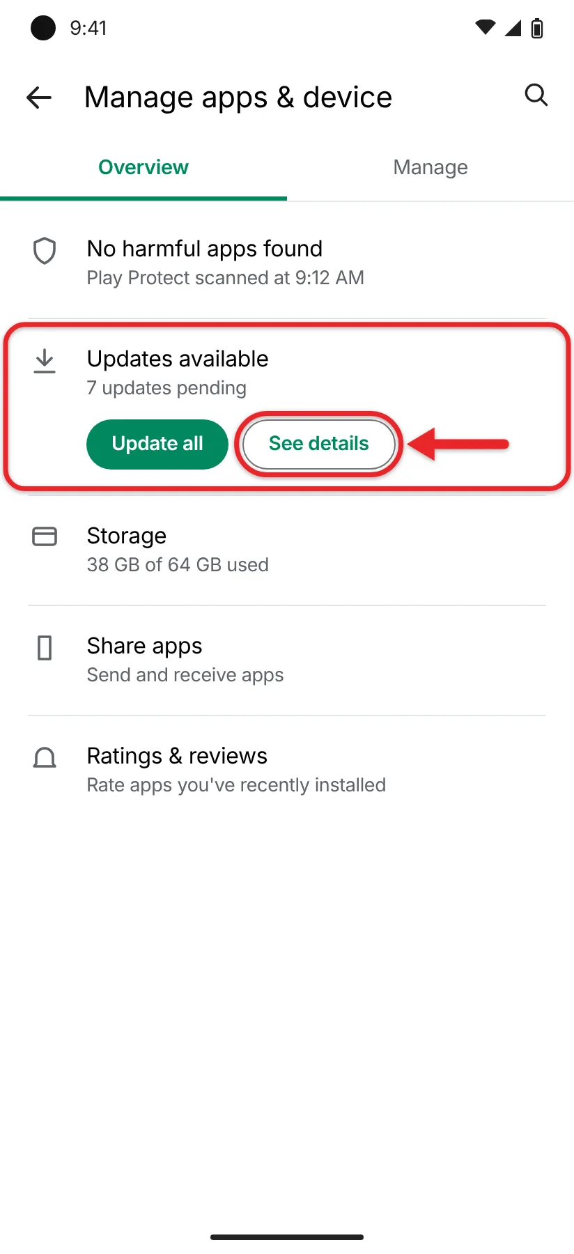 How to View and Install App Updates on a Google Pixel (Including the Pixel 4a) 2 Manage apps and device Overview tab showing the number of updates available