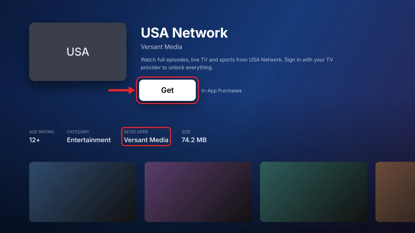 How to Watch USA Network on Your TV With an Apple TV and an iPhone 1 USA Network app page in the Apple TV App Store with the Get button