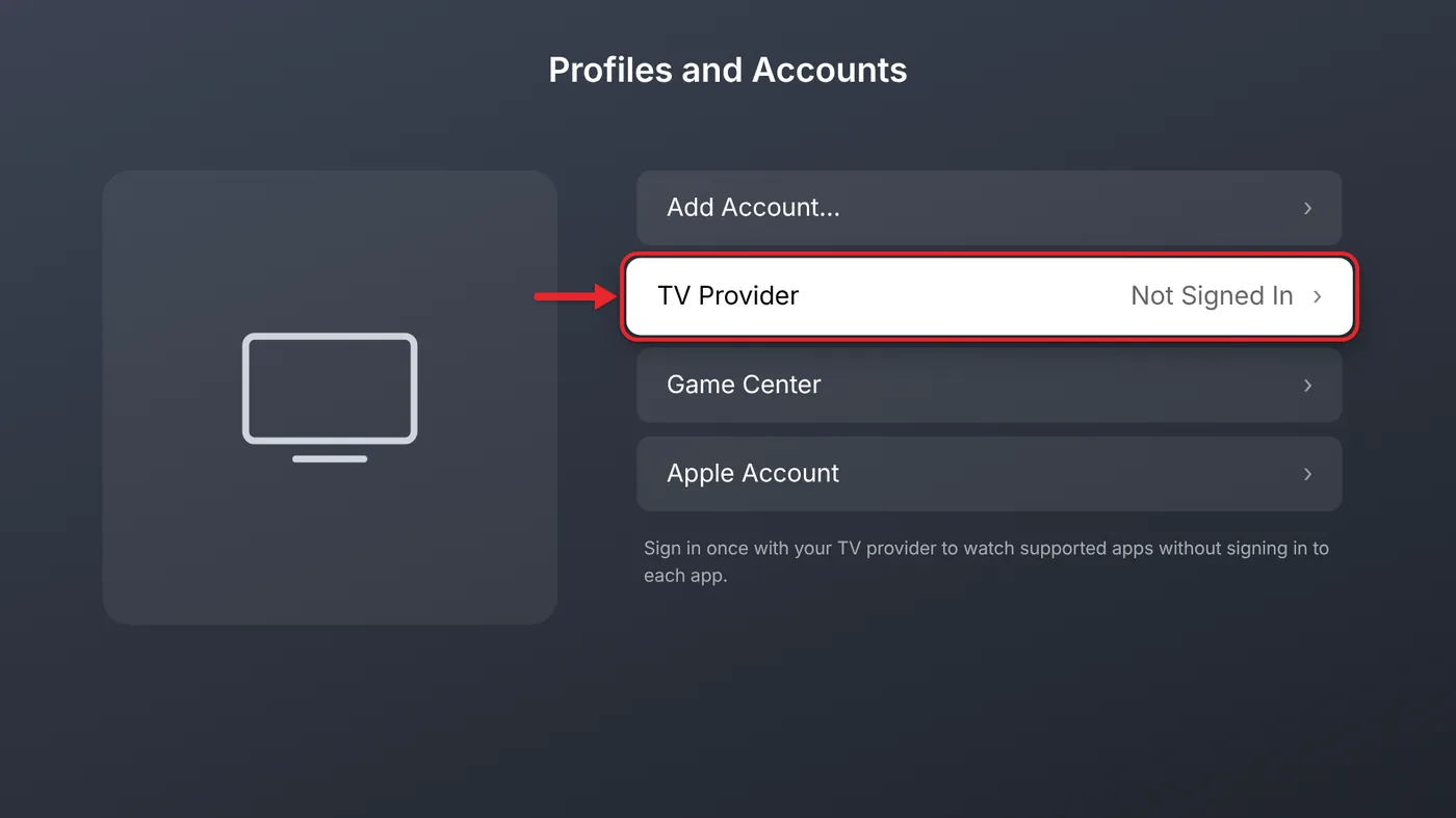 How to Watch USA Network on Your TV With an Apple TV and an iPhone 3 Apple TV Settings showing the TV Provider sign-in option